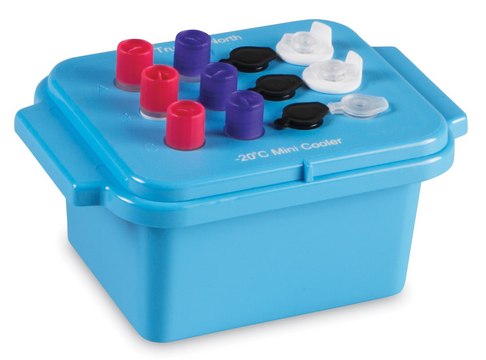 TrueNorth® Mini Cooler for tubes, 0.5 ‑ 2 mL, with clear lid, temp. limit -20 °C, size 12 wells, blue polycarbonate